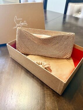 Christian Louboutin strass light peach mesh clutch with added chain